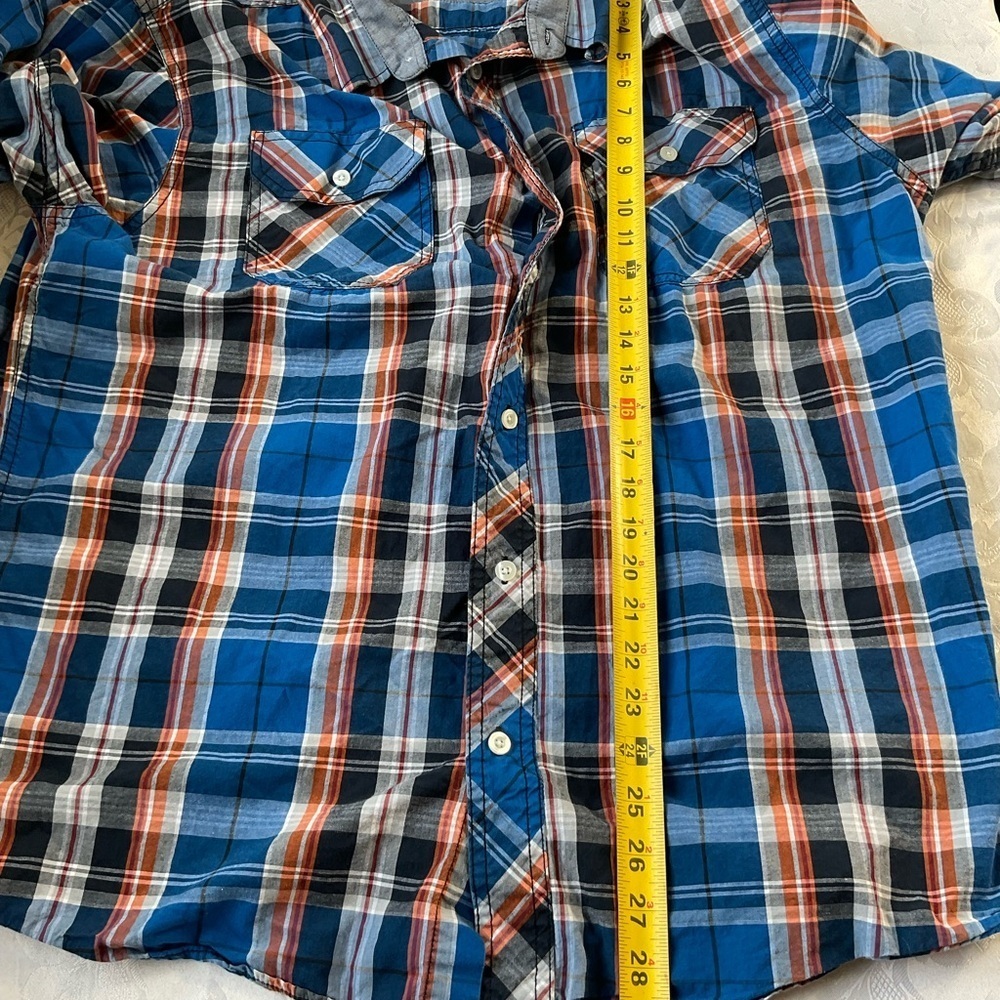 Xtreme Couture 100% Cotton Shirt Mens Size XXL Blue Orange Plaid Button Up - Picture 7 of 9